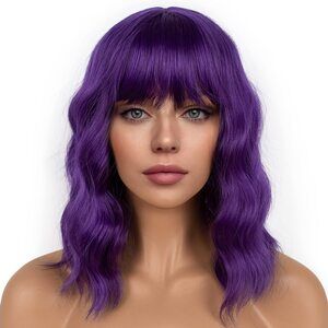 Women Dark Purple Loose Wavy Wig Curly Wavy Shoulder Length Bob